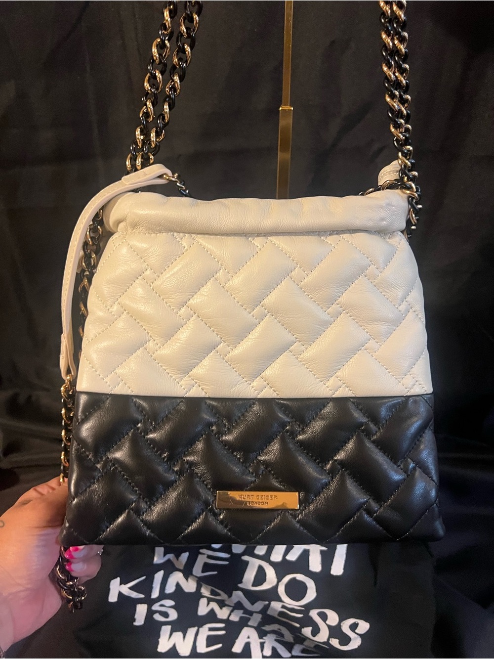 Kurt Geiger Kensington Two-Tone Quilted Shoulder Bag in White & Black - Picture 3 of 16